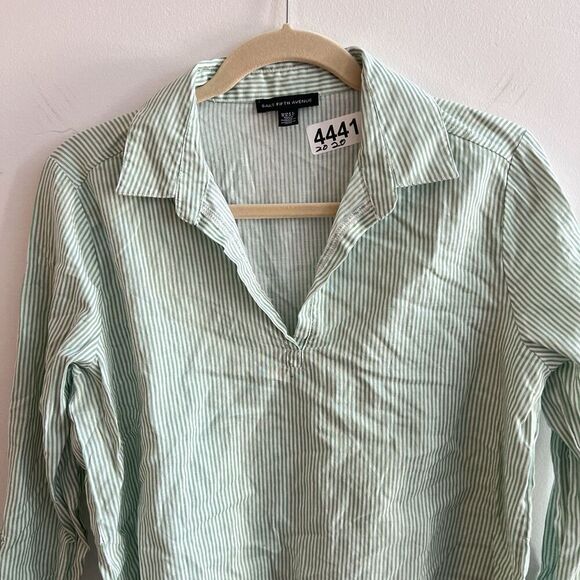 Saks Fifth Ave Green Linen Blend Popover Shirt M Striped Classic Collared Preppy - Picture 7 of 10